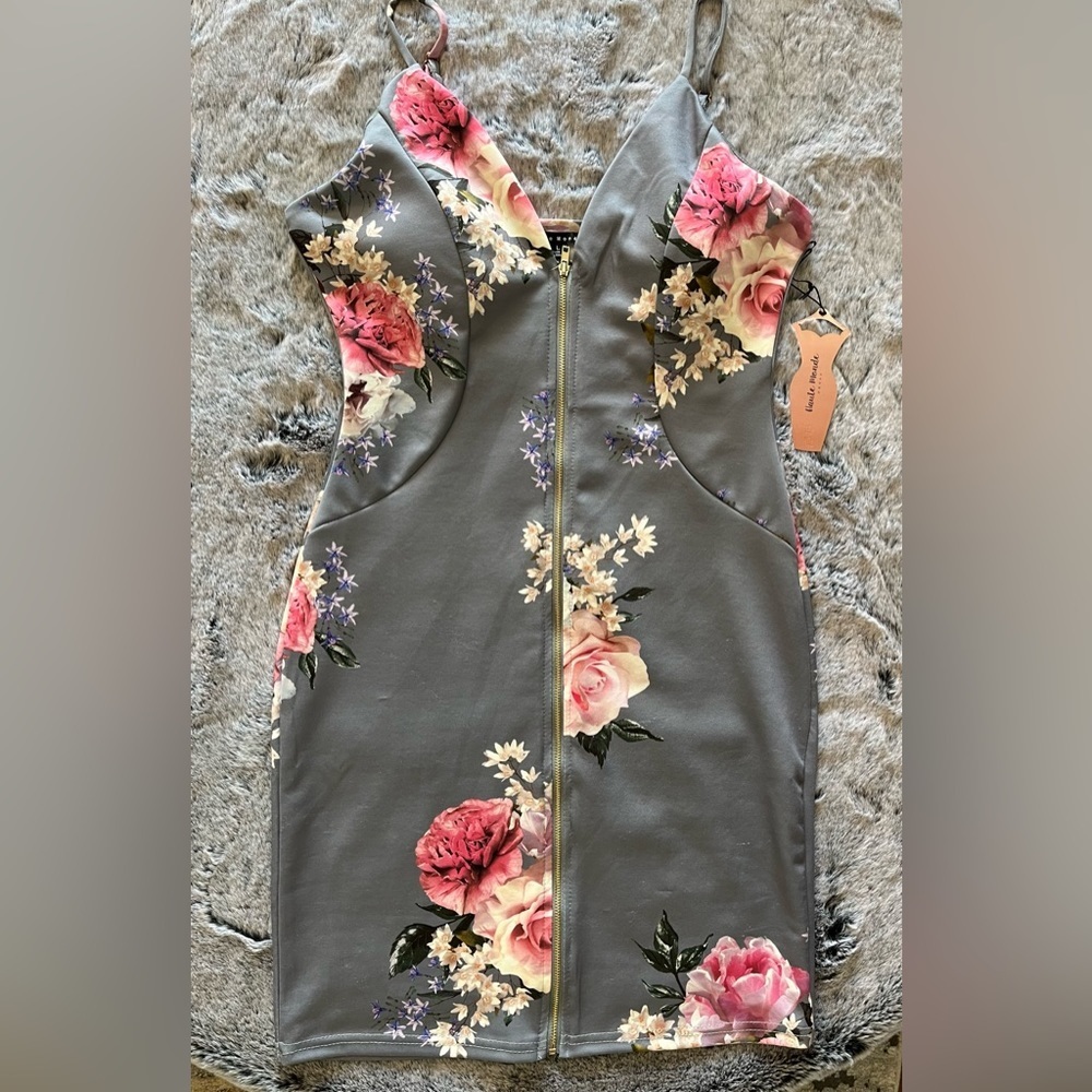 NWT Haute Monde Gray & Pink Floral full zip up mini dress, Bodycon Large 8-10 - Picture 8 of 15